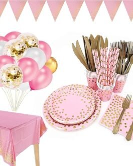 142 piece pink and gold party supply set, gold polka dot party tableware
