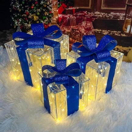 Lighted Christmas Gift Boxes - 3-Piece 140 LED Ornament Set