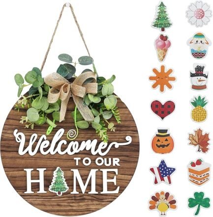 Interchangeable Welcome Sign – Rustic Round Wood Wreath for All Seasons & Holidays