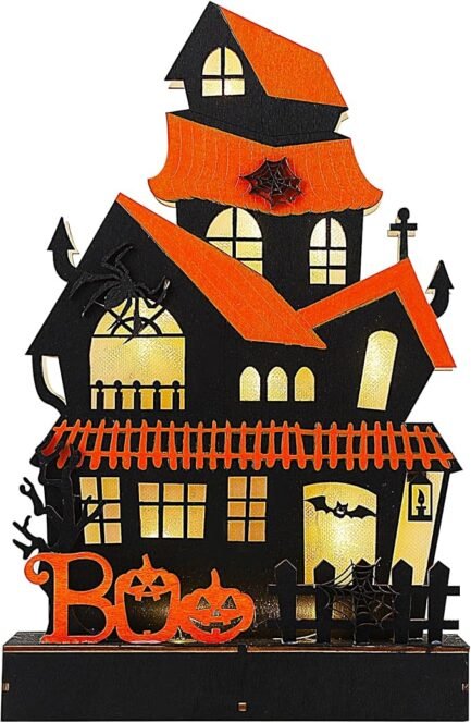 Wooden Boo Haunted House Decoration - Lighted Halloween Sign