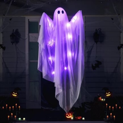 Halloween Hanging Ghost Decoration - White Ghost with Purple LED Light