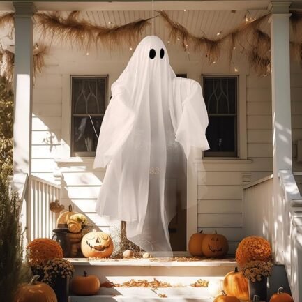 Halloween Hanging Ghost Decoration - White Ghost with Purple LED Light - Image 4