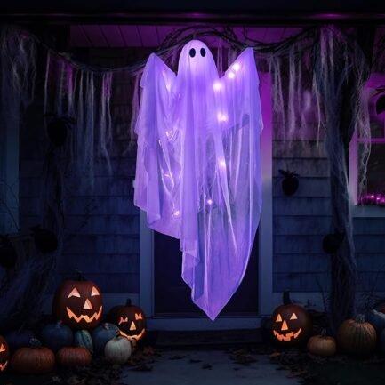 Halloween Hanging Ghost Decoration - White Ghost with Purple LED Light - Image 3