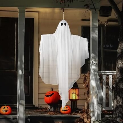 Halloween Hanging Ghost Decoration - White Ghost with Purple LED Light - Image 2