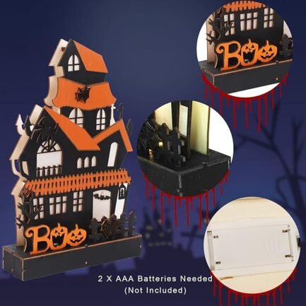 Wooden Boo Haunted House Decoration - Lighted Halloween Sign - Image 2