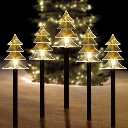 Solar Pathway Lights – Set of 5 Waterproof LED Christmas Stakes for Yard and Walkway Decor (Warm White)