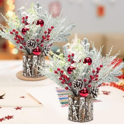 Christmas Table Decorations – 2-Pack 14-Inch Potted Trees with Lights, Pine Cones, and Berries