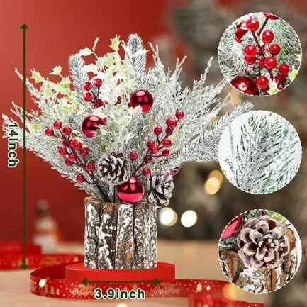 Christmas Table Decorations – 2-Pack 14-Inch Potted Trees with Lights, Pine Cones, and Berries - Image 4
