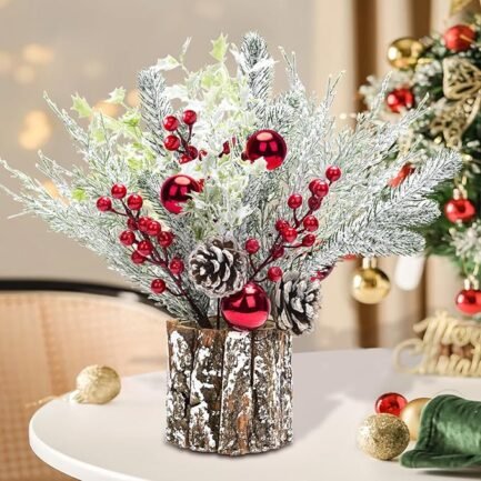 Christmas Table Decorations – 2-Pack 14-Inch Potted Trees with Lights, Pine Cones, and Berries - Image 3