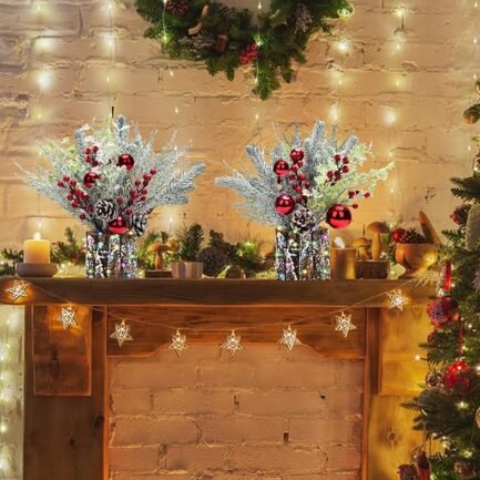 Christmas Table Decorations – 2-Pack 14-Inch Potted Trees with Lights, Pine Cones, and Berries - Image 2
