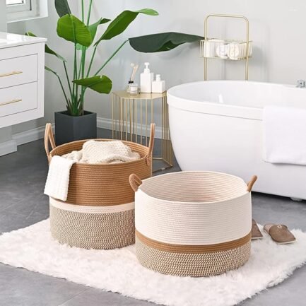 Large Cotton Rope Blanket Basket - 20"x13" White & Brown Woven Storage Hamper - Image 4