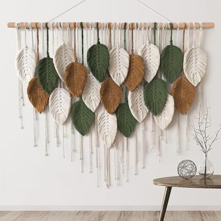 Boho Leaf & Feather Tapestry - Handmade Macrame Wall Art for Living Room & Bedroom