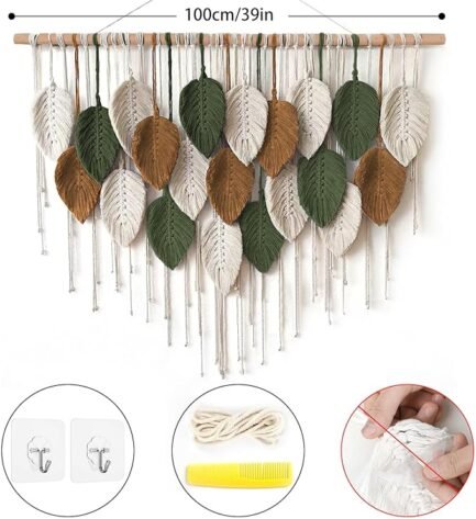 Boho Leaf & Feather Tapestry - Handmade Macrame Wall Art for Living Room & Bedroom - Image 4