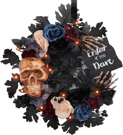 Halloween Door Wreath - 19-Inch Skeleton and Flower Decor