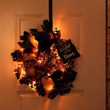 Halloween Door Wreath - 19-Inch Skeleton and Flower Decor - Image 4