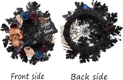 Halloween Door Wreath - 19-Inch Skeleton and Flower Decor - Image 3