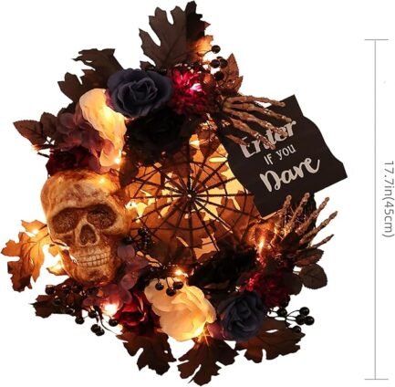 Halloween Door Wreath - 19-Inch Skeleton and Flower Decor - Image 2