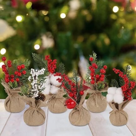 Mini Christmas Tree Decorations – 6-Piece Set of 8" Artificial Trees with Berries and Pine Cones for Tabletop Centerpieces - Image 2