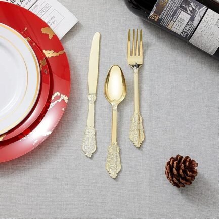 300pcs Gold Plastic Silverware Dinnerware Flatware