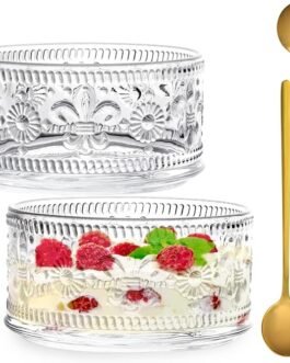 Glass Bowl Glass Dessert Bowls Set, 15.5oz Glass Serving Bowl with Gold Spoon