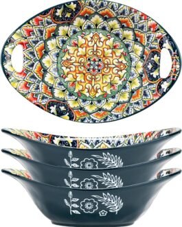 4 Pack Boho Ceramic Serving Bowls with Double Handles