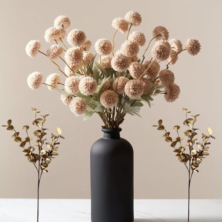 Beige Flowers Artificial + Eucalyptus, Fake Mums Long Stem Flowers