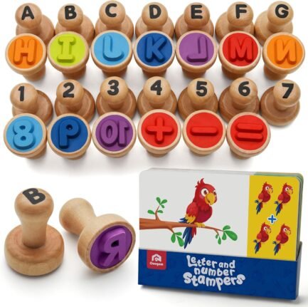 Wooden Alphabet Number Stamp Flashcard, ABC Spelling Letter Stampers and Mathematics Learning Number