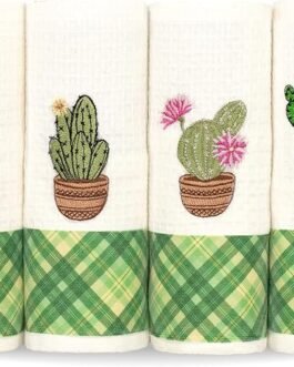 Kitchen Dish Towels with Cactus Embroidered, Decorative Succulent Flowers