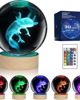 3D Axolotl Crystal Ball Night Light Animal Lamp for Kids with Wooden LED Base