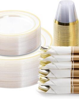 175PCS Clear Gold Plastic Dinnerware Set, Disposable Party Plates for 25 Guests