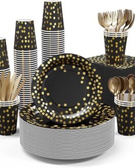 350 PCS Disposable Dinnerware Set – Black Paper Plates Napkins Cups