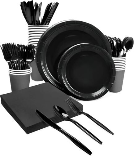 Black Party Supplies Set 224 Pieces of Black Paper Plates