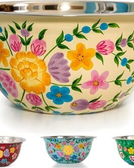 Large Hand Painted Stainless Steel Fruit Bowl – Decorative Floral Salad Mixing and Serving Bowl