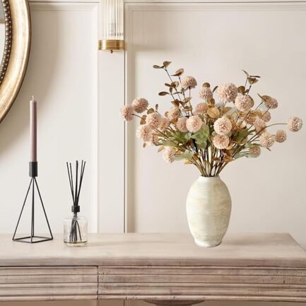 Beige Flowers Artificial + Eucalyptus, Fake Mums Long Stem Flowers - Image 5