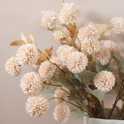 Beige Flowers Artificial + Eucalyptus, Fake Mums Long Stem Flowers - Image 4