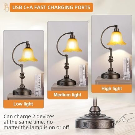 Touch Farmhouse Table Lamp for Living Room, 3-Way Dimmable Rustic Nightstand Lamp with USB A+C Ports - Image 4