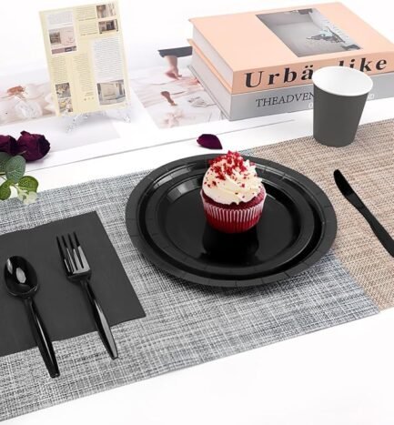 Black Party Supplies Set 224 Pieces of Black Paper Plates - Image 4