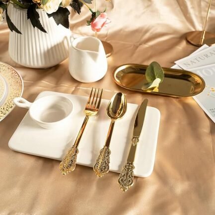 300pcs Gold Plastic Silverware Dinnerware Flatware - Image 4
