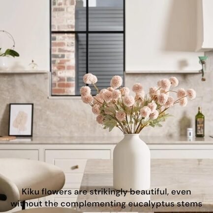 Beige Flowers Artificial + Eucalyptus, Fake Mums Long Stem Flowers - Image 3