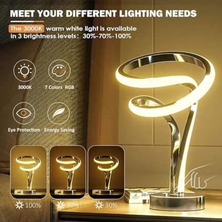 Modern Spiral RGB Table Lamp, Touch Dimmable LED Nightstand Lamp - Image 3
