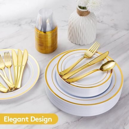 600 Pieces Gold Disposable Plates for 100 Guests, Plastic Plates for Party - Image 3