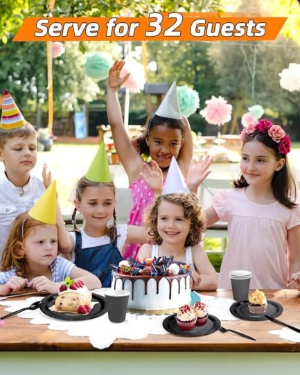 Black Party Supplies Set 224 Pieces of Black Paper Plates - Image 3