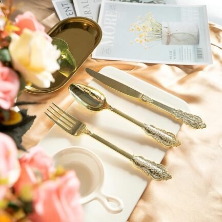 300pcs Gold Plastic Silverware Dinnerware Flatware - Image 3