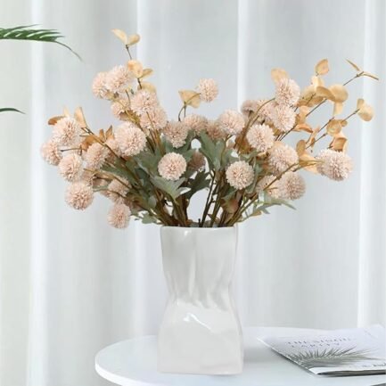 Beige Flowers Artificial + Eucalyptus, Fake Mums Long Stem Flowers - Image 2