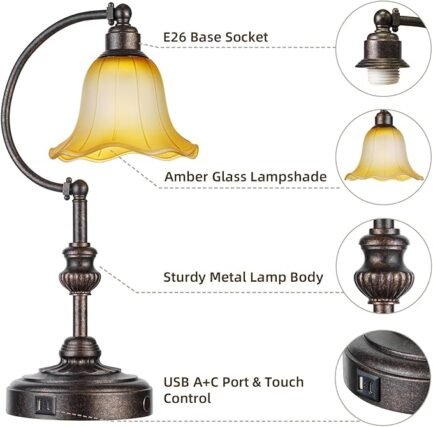 Touch Farmhouse Table Lamp for Living Room, 3-Way Dimmable Rustic Nightstand Lamp with USB A+C Ports - Image 2