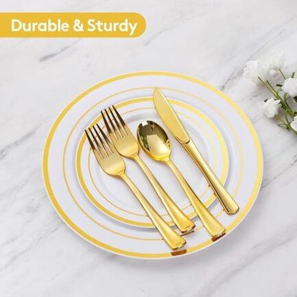 600 Pieces Gold Disposable Plates for 100 Guests, Plastic Plates for Party - Image 2