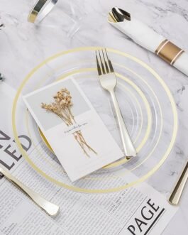 175PCS Clear Gold Plastic Dinnerware Set, Disposable Party Plates for 25 Guests