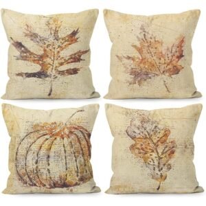 Set of 4 Rustic Autumn Pumpkin and Leaf Decorative Throw Pillow Covers, 18 x 18 Inch