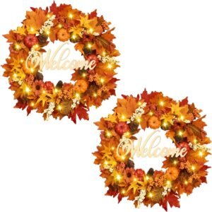 Set of 2 Lighted 22 Inch Autumn Wreaths with Pumpkins, Berries and Welcome Signs
