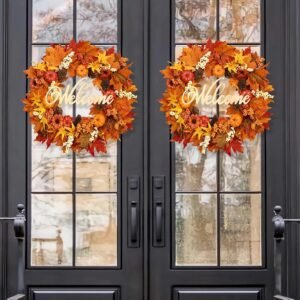 Set of 2 Lighted 22 Inch Autumn Wreaths with Pumpkins, Berries and Welcome Signs